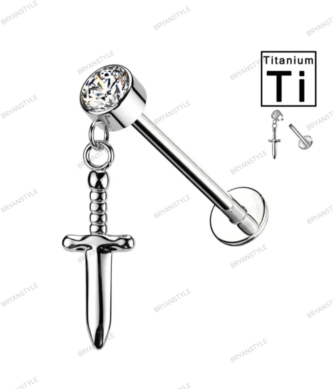 piercing labret in titanio con pendente spada