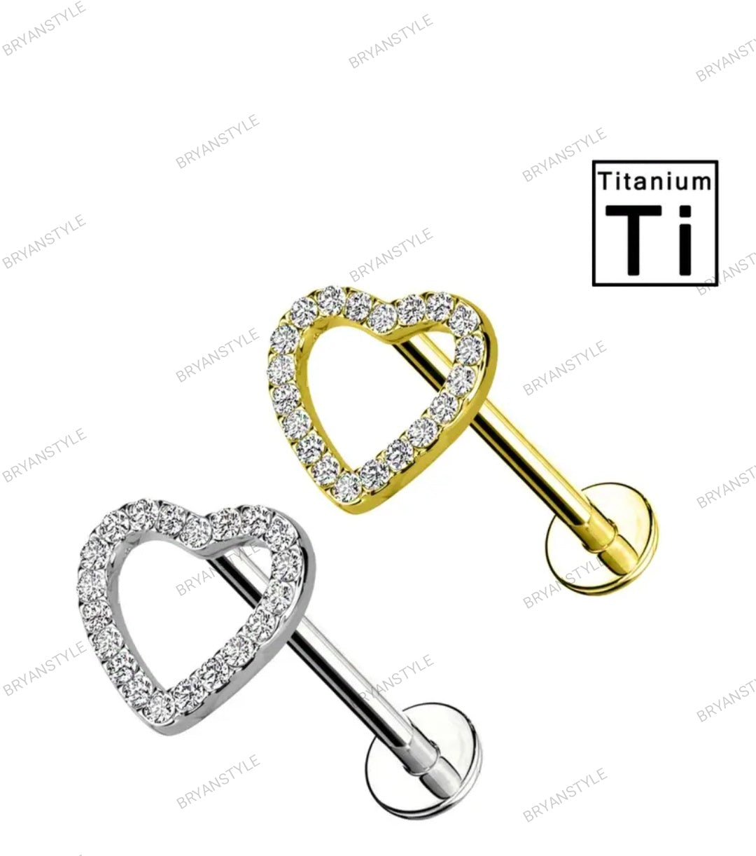 piercing labret in titanio a forma di cuore con cristalli