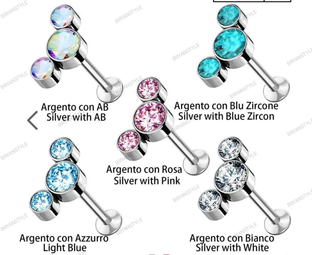piercing labret borchie con 3 cristalli