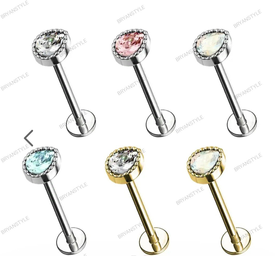 labret in acciaio con gocccia in cristallo