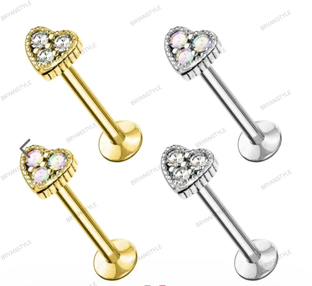 piercin labret in acciaio con cuore e cristalli