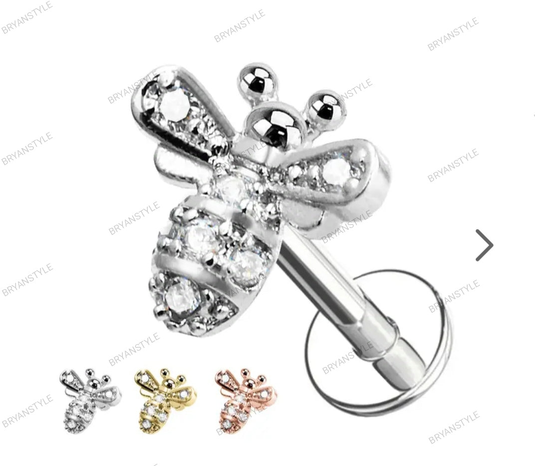 piercing labret in acciaio con ape e cristalli