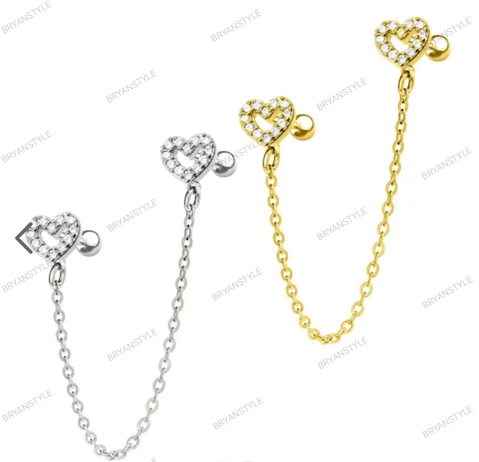orecchino per due fori con cuori, cristalli e catena