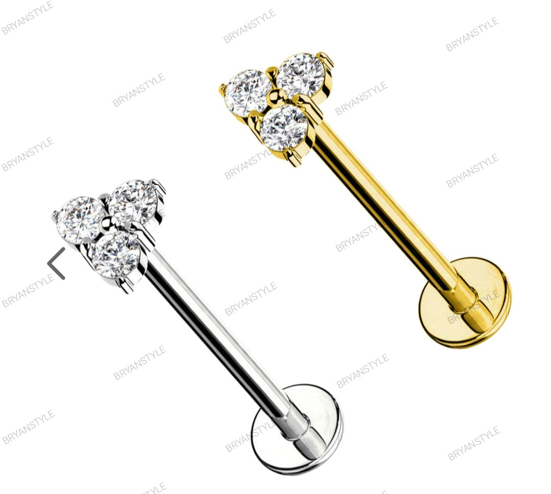 piercing in acciaio con 3 cristalli e filettatura interna