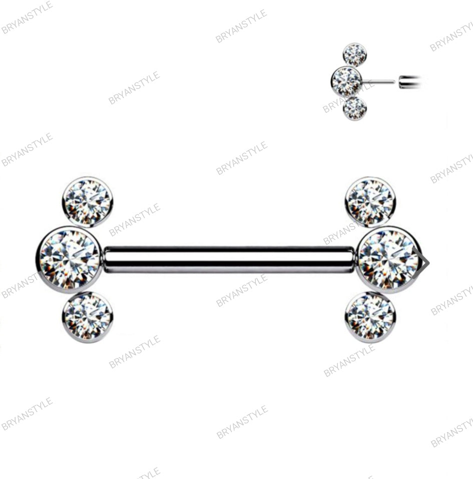 piercing barbel capezzolo con 3 cristalli per lato push-in