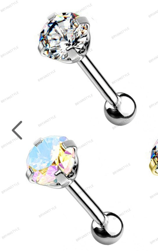 piercing, orecchino per lobo con pallina come chiusura e zircone frontale