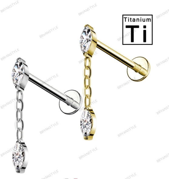 piercing labret in titanio con cristallo a forma di marquise e catena con pendente double tear