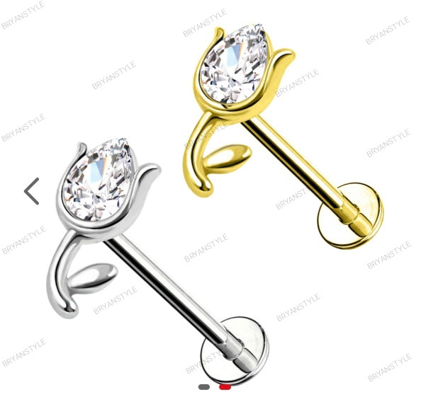 piercing labret in acciaio a forma di rosa con cristallo
