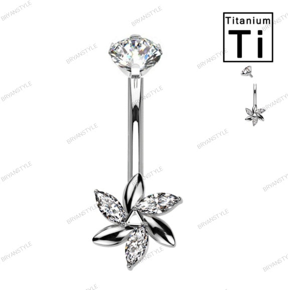 piercing banana sopracciglio o rook in titanio con fiore e cristalli