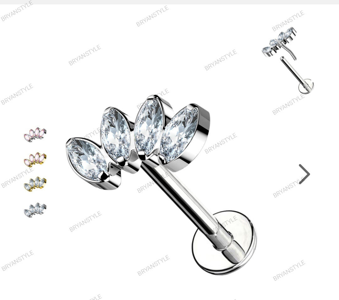 piercing labret in acciaio con quattro cristalli chiusura push-in