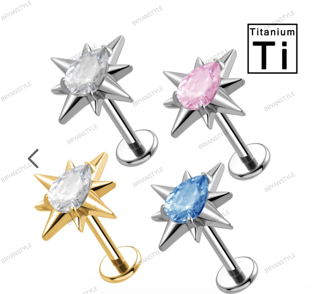 piercing labret in titanio con stella e cristallo a goccia