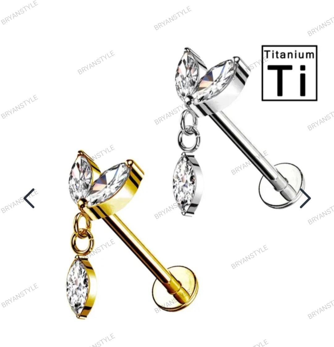 Piercing Labret in Titanio a forma di foglie con pendente e cristalli bianchi e con Filettatura Interna