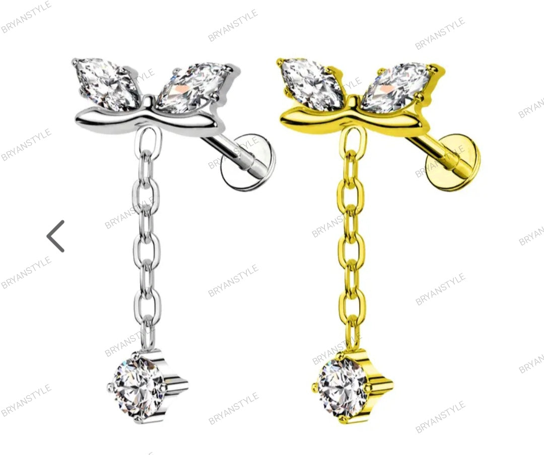 Piercing Labret con Cristalli e Pendente con Filettatura Interna