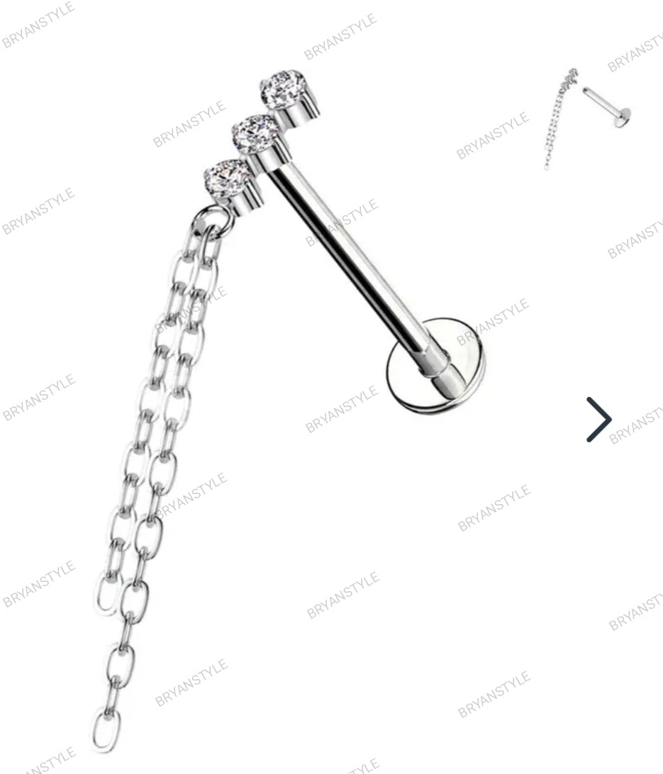 Piercing Labret in acciaio con cristalli e catenelle