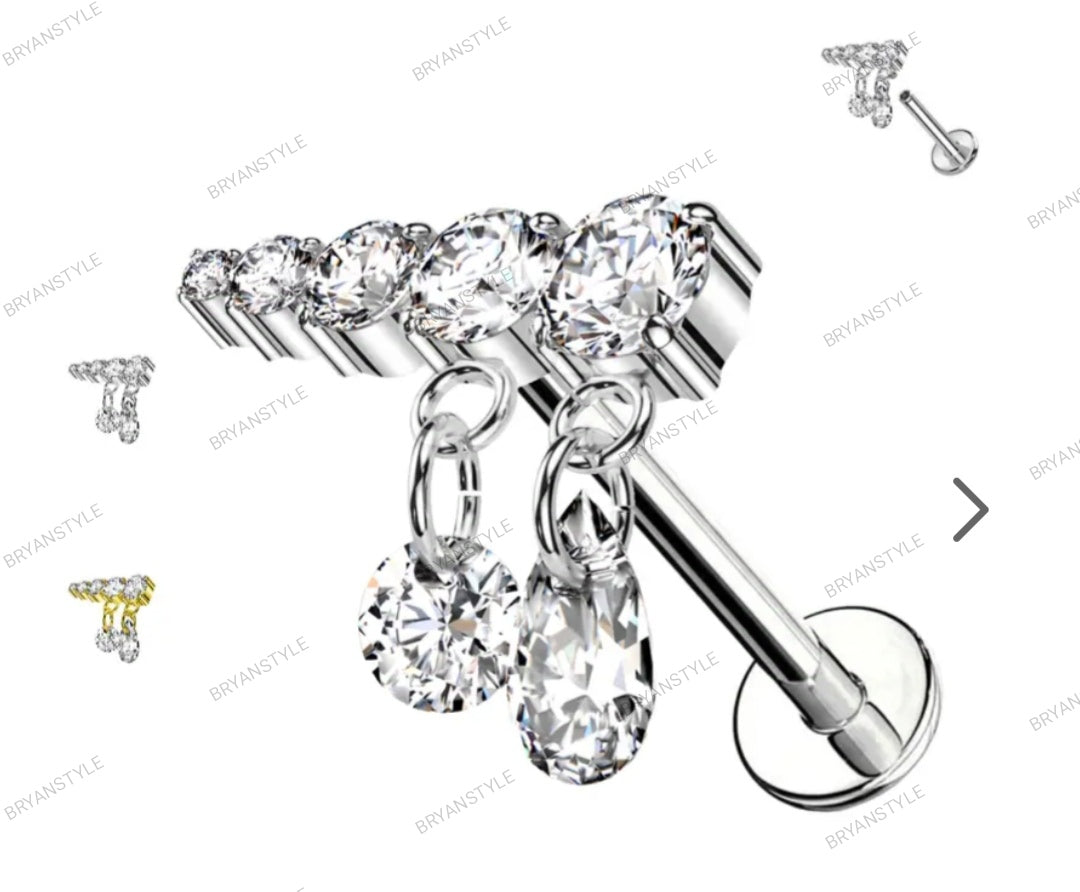 Piercing Labret Piatto con Filettatura Interna con Pendenti a Forma di Lacrima di Cristallo