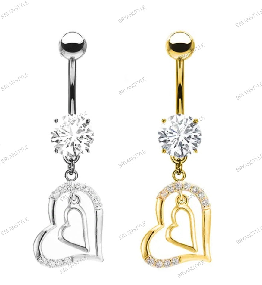 Piercing per ombelico con cristallo e cuori a pendenti