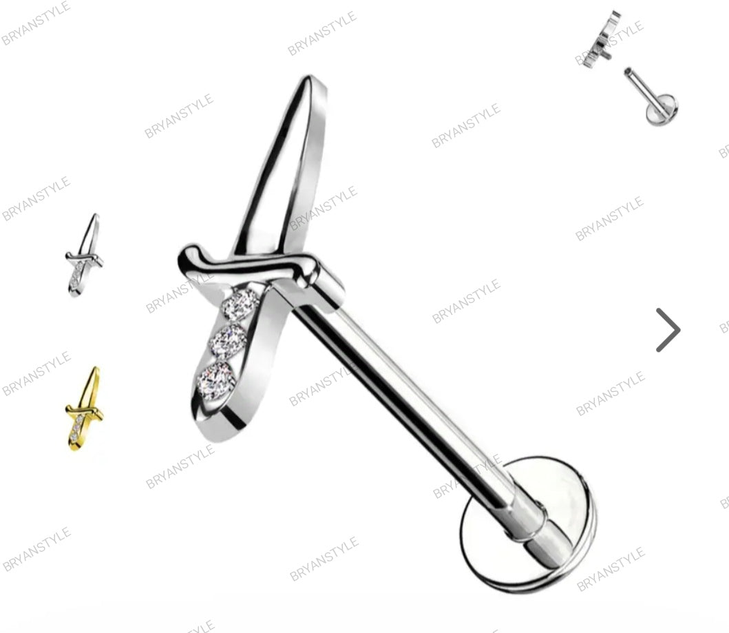 Piercing Labret con Cristalli forma di spada argento