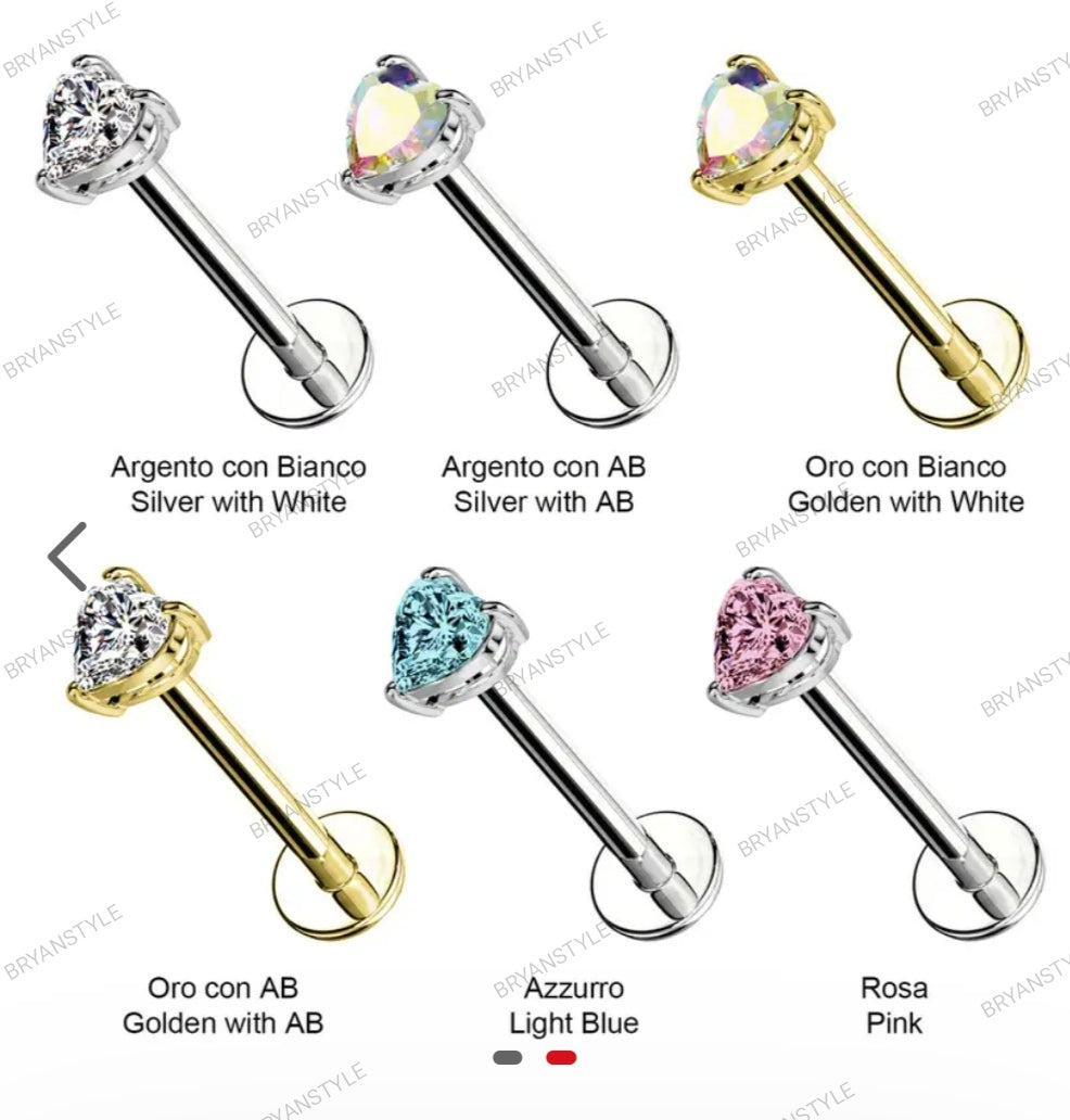 Piercing labret push-in con cristallo a cuore