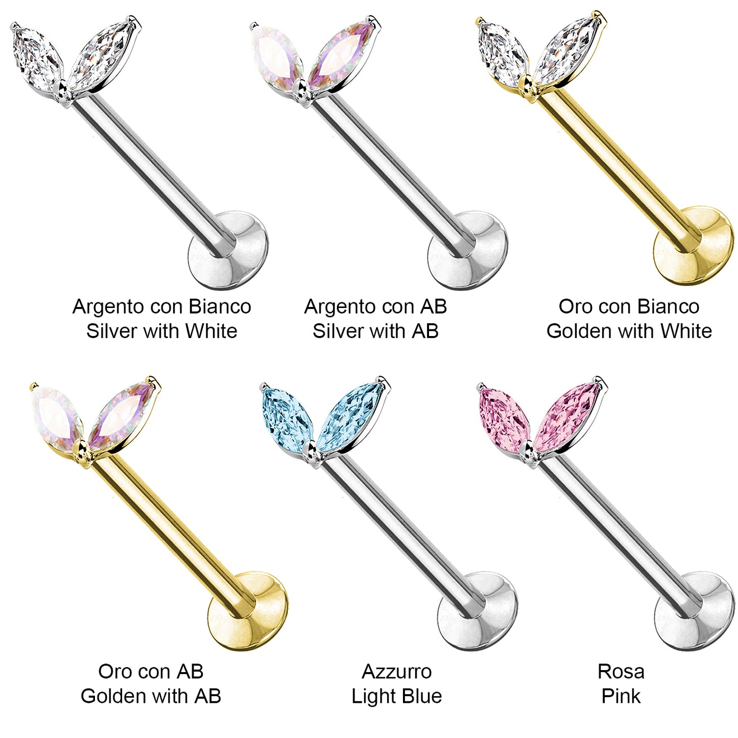 Piercing Labret in Acciaio Push-in senza Fili con Due Cristalli