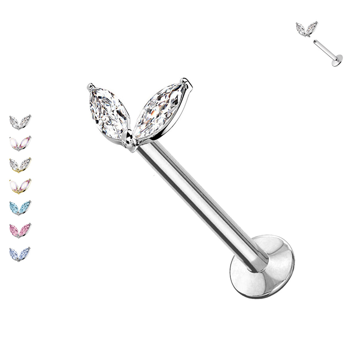Piercing Labret con 2 Cristalli in acciaio filettatura interna