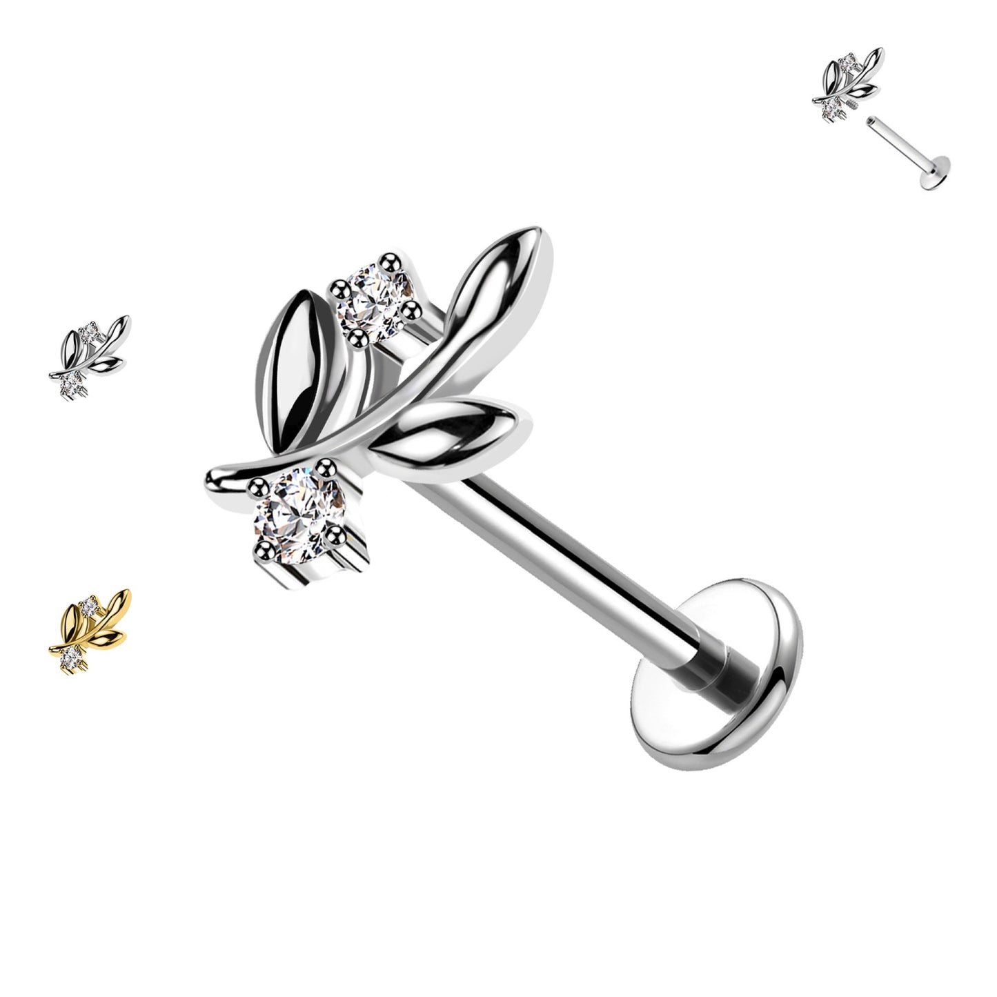 Piercing Labret a Forma di Ramo con Foglie e Cristalli e con Filettatura Interna
