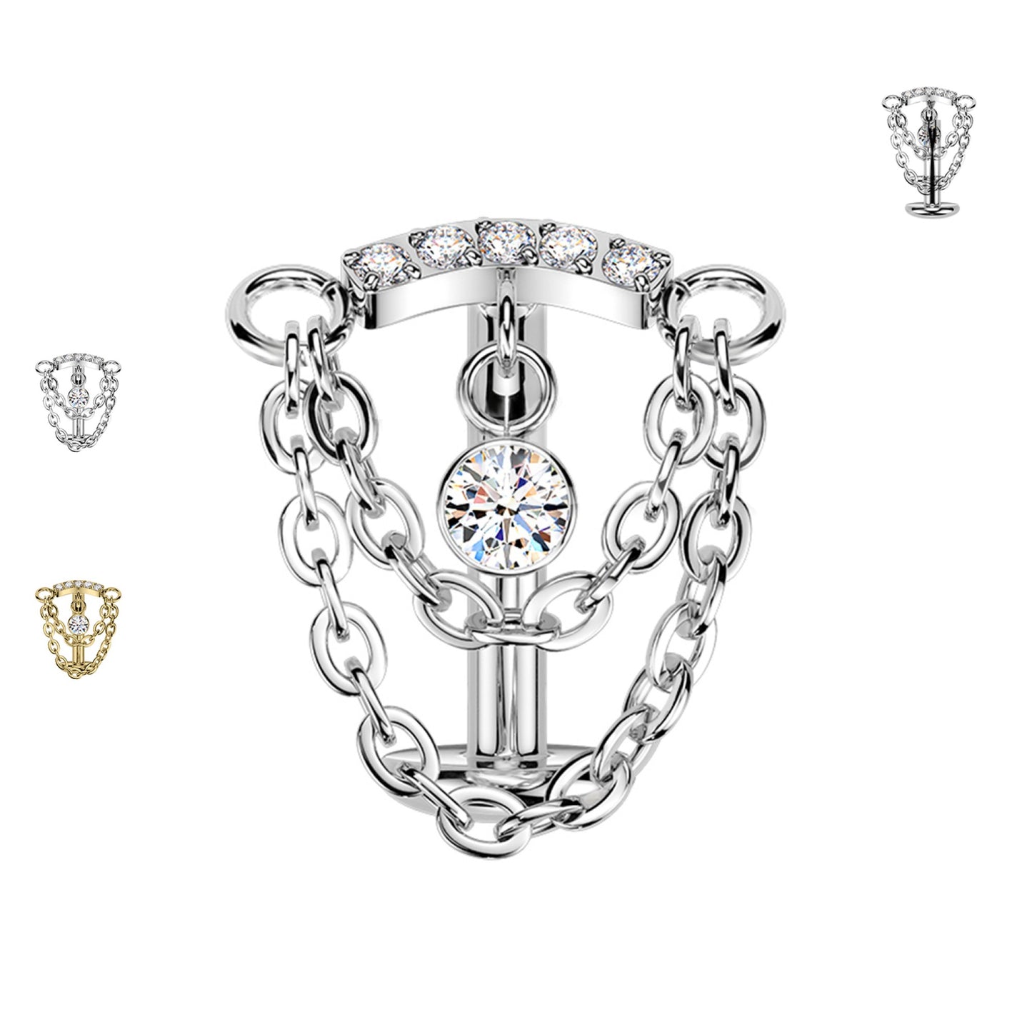 Piercing Ombelico flat in acciaio con catene e cristallo