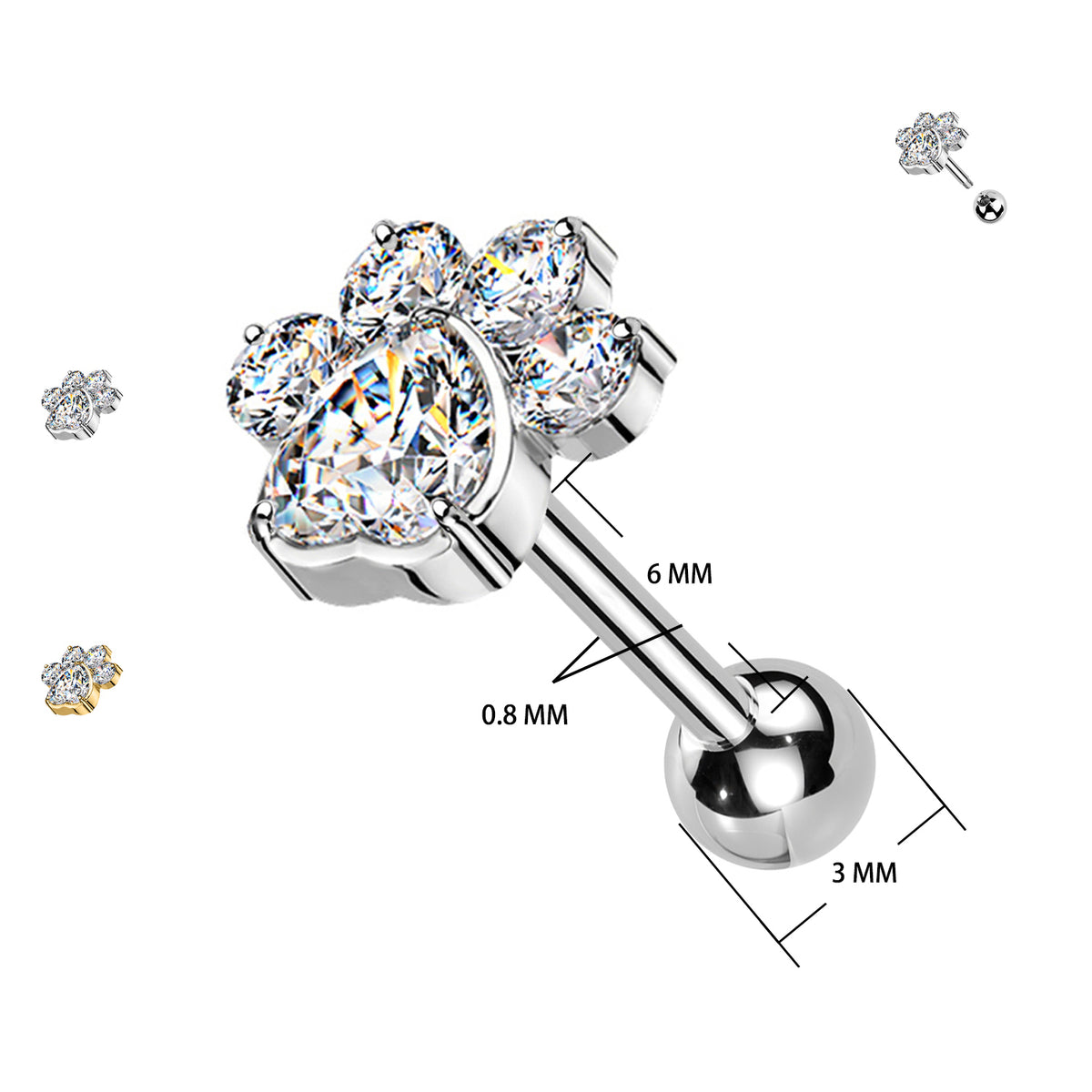 Piercing barbel 0.8 mm con Cristalli a Forma di Zampa e Filettatura Esterna
