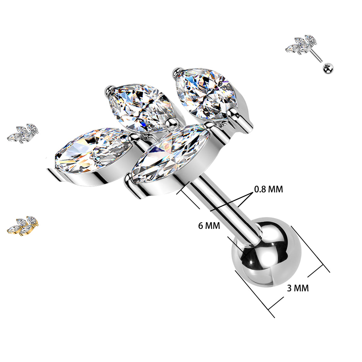 Piercing barbel 0.8 mm con Cristallo Marquise e Filettatura Esterna