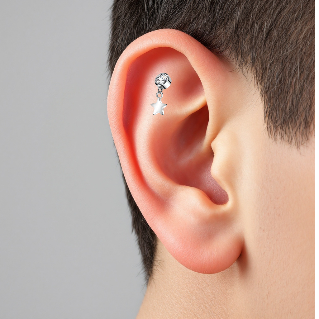 piercing labret in titanio con punto luce e pendente a forma