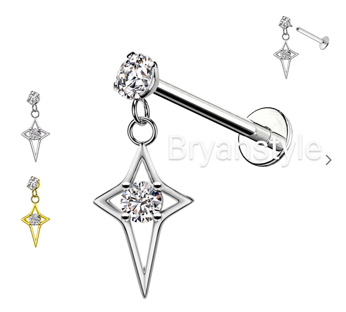 piercing labret in acciaio con cristallo e pendente stella
