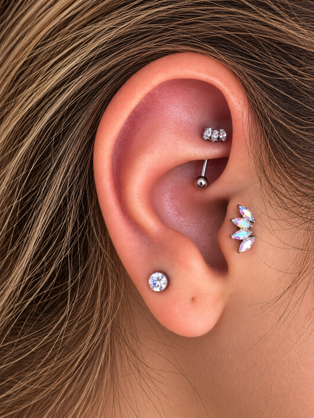 piercing labret in acciaio con quattro cristalli chiusura push-in