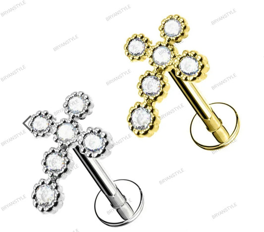 piercing labret a forma di croce con cristalli