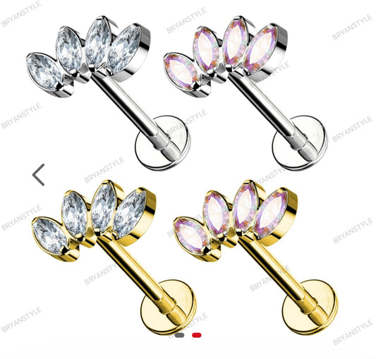 piercing labret in acciaio con quattro cristalli chiusura push-in