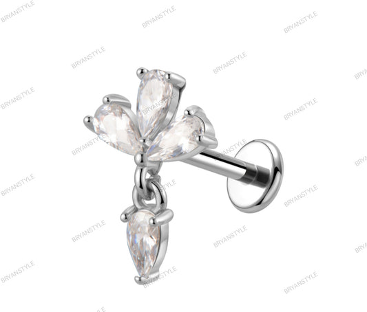 piercing labret a forma di fiore con goccia pendente in acciaio