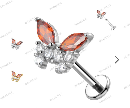 piercing in acciaio con farfalla e cristalli
