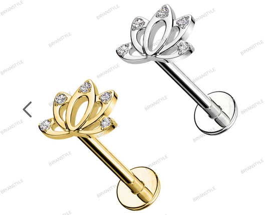 piercing labret in acciaio fiore di loto con cristalli