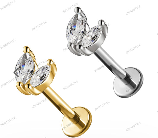 piercing labret in acciaio con due petali in cristallo