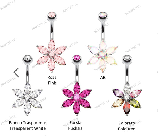 piercing ombellicoin acciaio  con fiore in cristalli