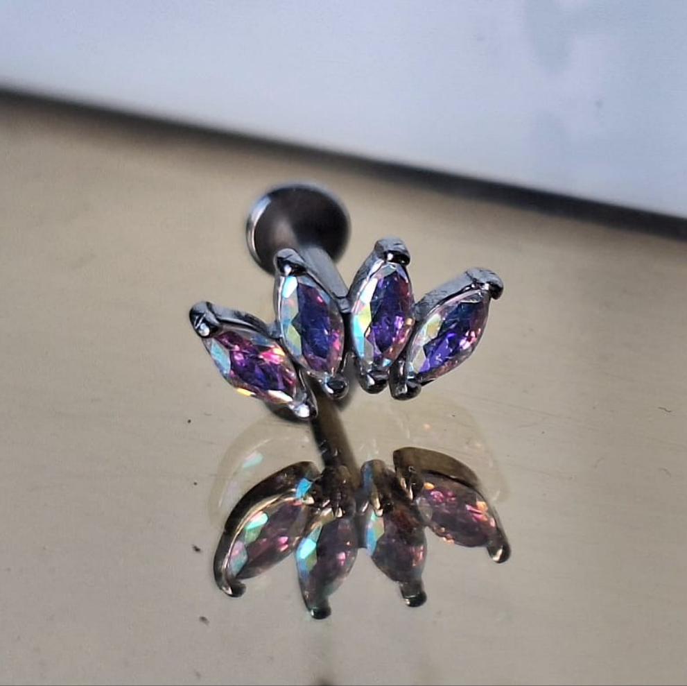piercing labret in acciaio con quattro cristalli chiusura push-in
