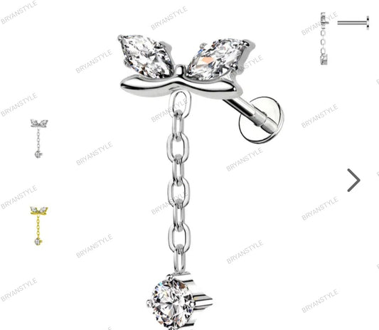 Piercing Labret con Cristalli e Pendente con Filettatura Interna