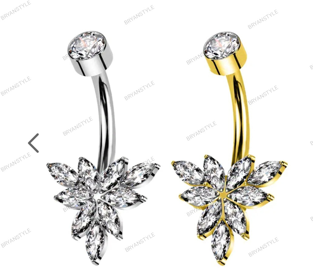 Piercing Banana Ombelico con Cristalli a Forma di Fiore e con Filettatura Interna