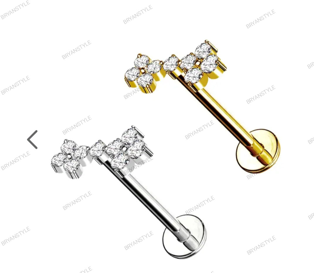 Piercing Labret con Cristallo a Forma di Micro Fiori e con Filettatura Interna
