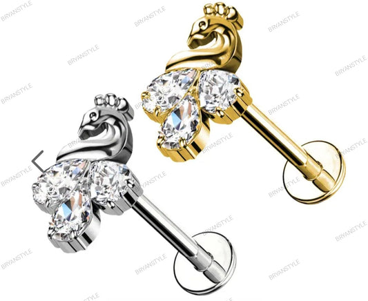 Piercing labret a forma di pavone con cristalli