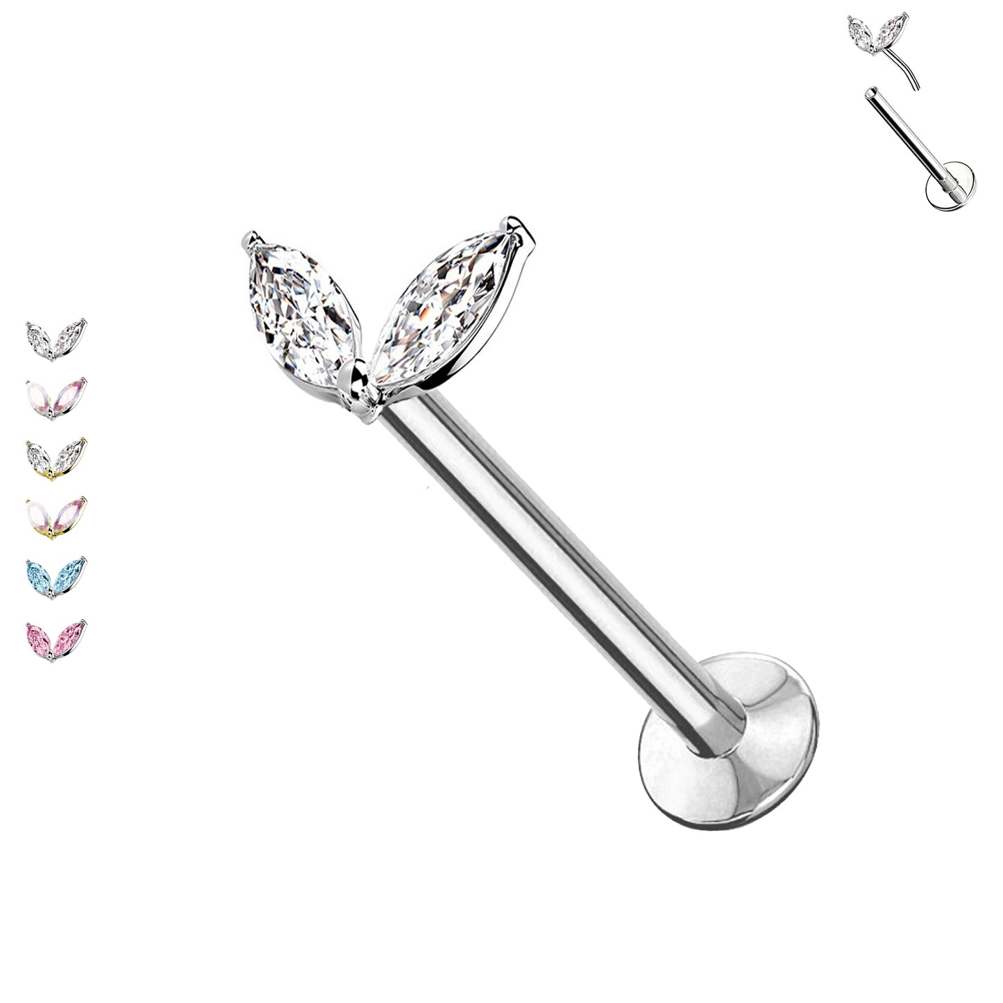 Piercing Labret in Acciaio Push-in senza Fili con Due Cristalli