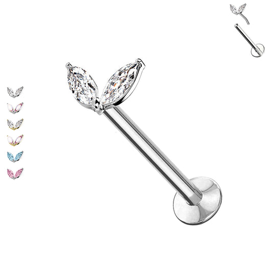 Piercing Labret in Acciaio Push-in senza Fili con Due Cristalli