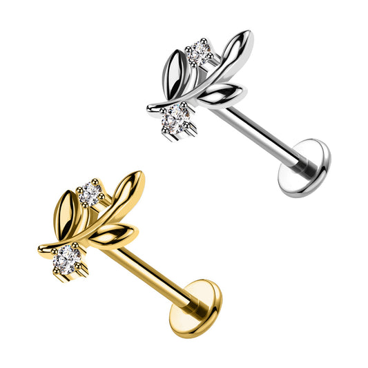 Piercing Labret a Forma di Ramo con Foglie e Cristalli e con Filettatura Interna