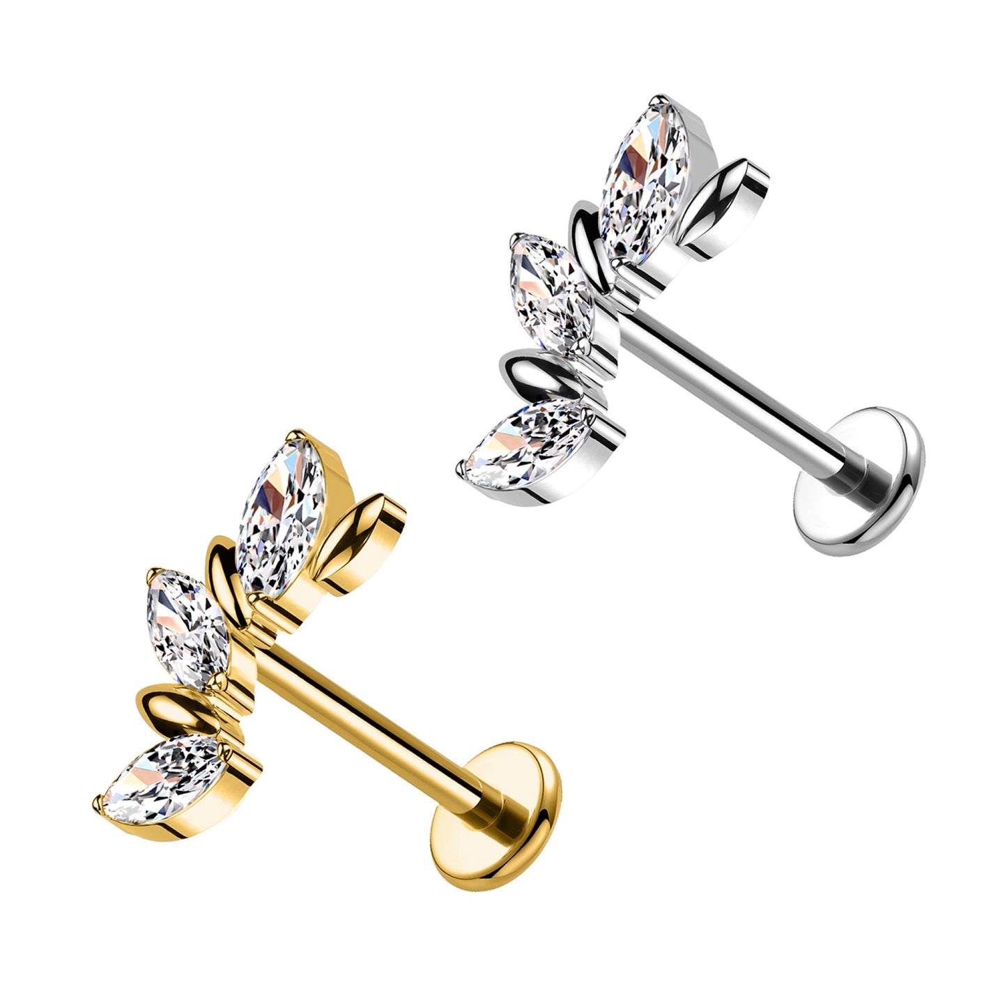 Piercing Labret a Forma di Ali con Cristalli Marquise e con Filettatura Interna