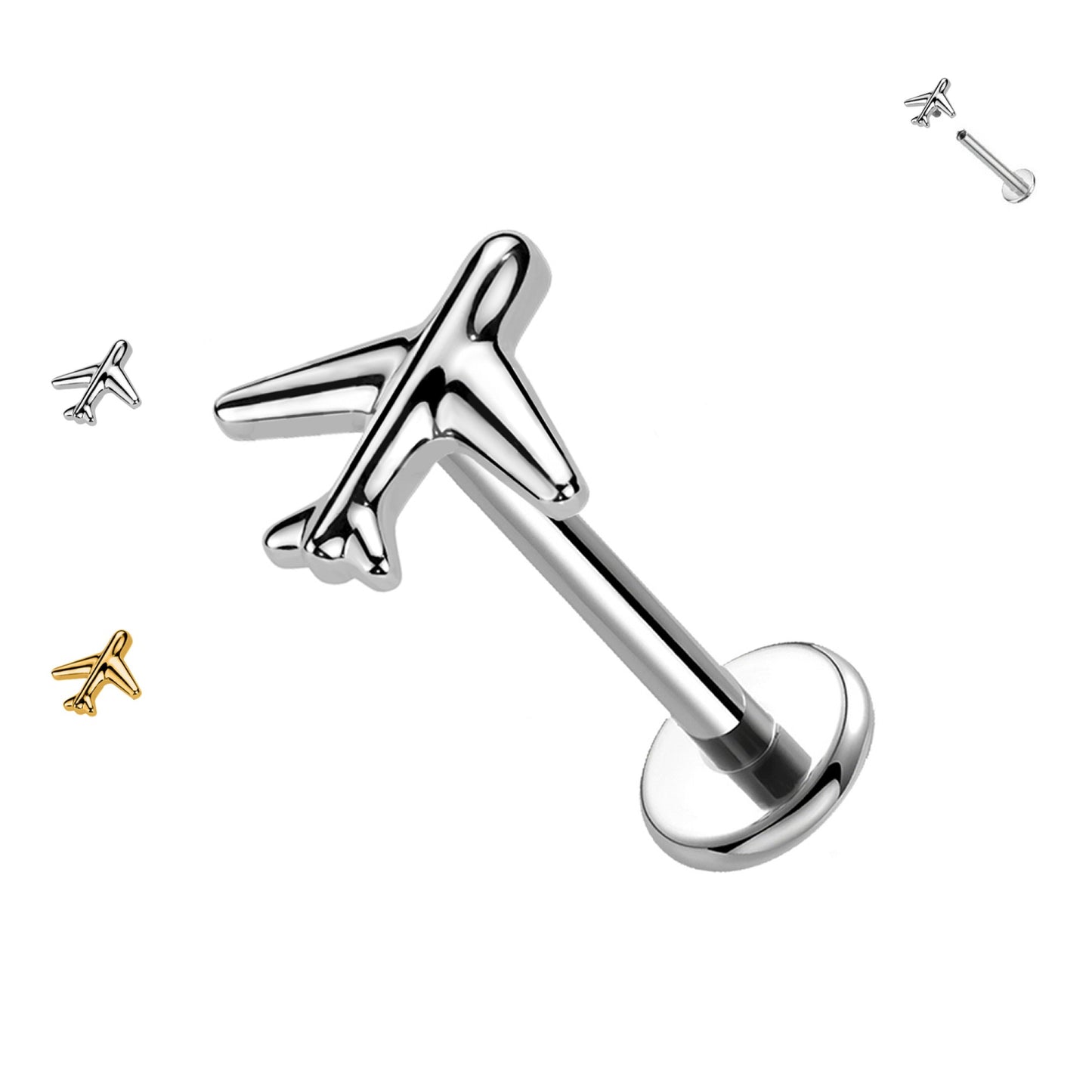 Piercing Labret a Forma di Aereo e Filettatura Interna