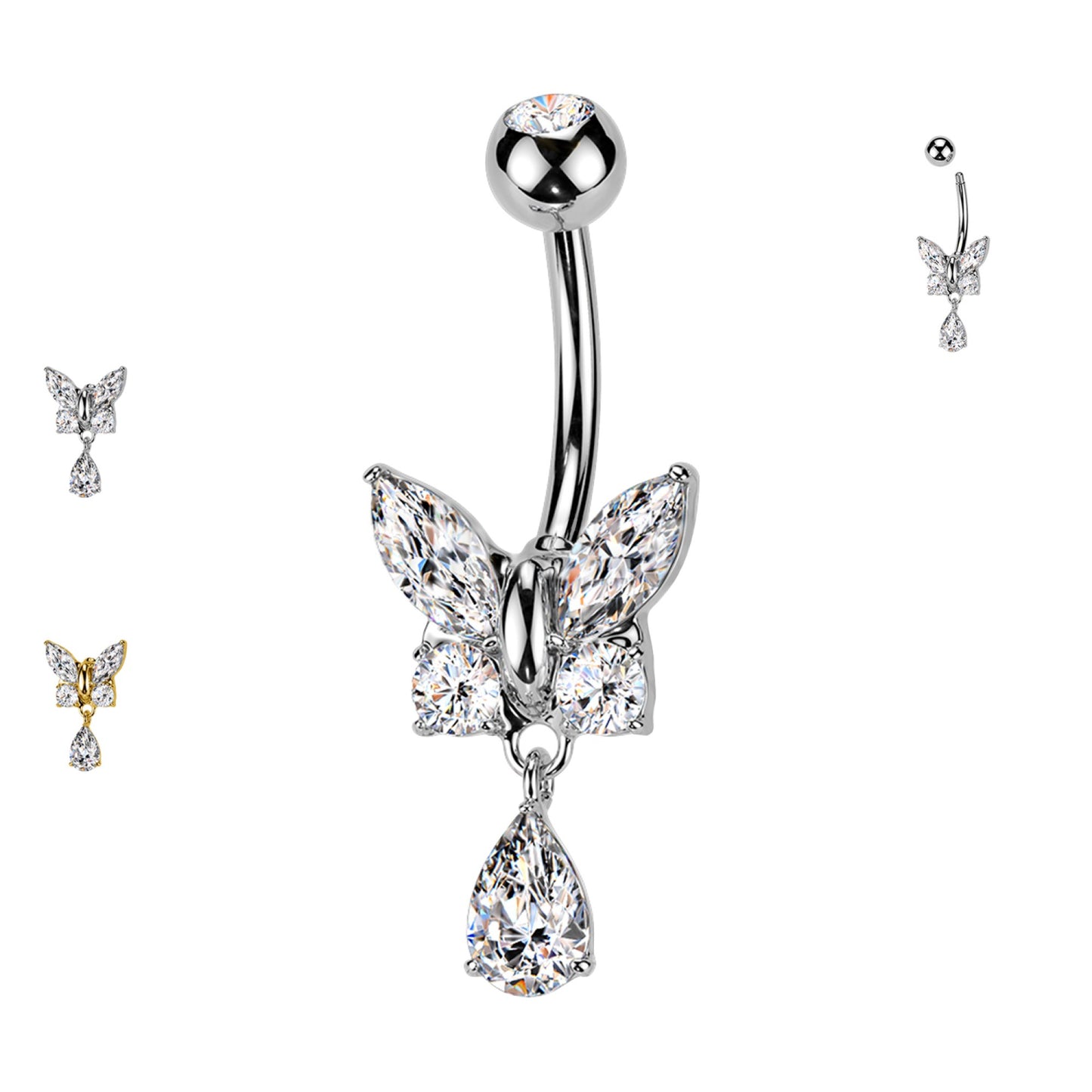Piercing Ombelico in acciaio con farfalla e pendente