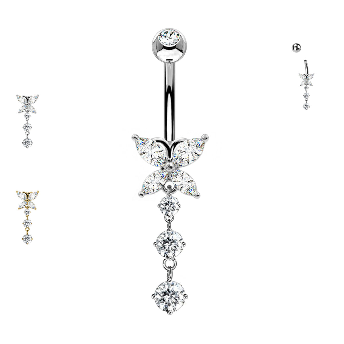 Piercing Ombelico in acciaio 316l Farfalla con Cristalli Pendenti